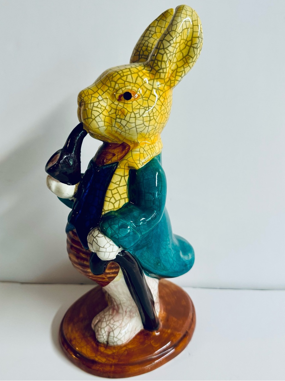 10” Vintage Dapper Yellow & Teal Ceramic Bunny With Pipe and Cane.Wilderkind.